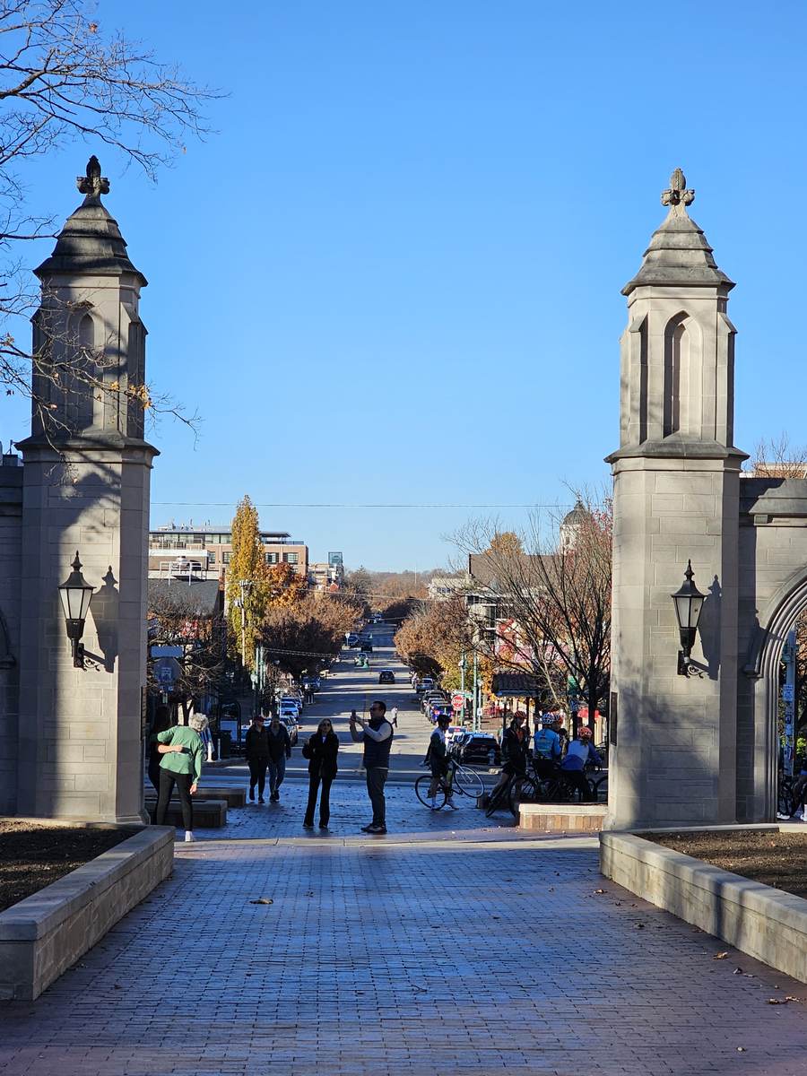 The Sample Gates entrance to Indiana University's Bloomington campus on a clear fall day